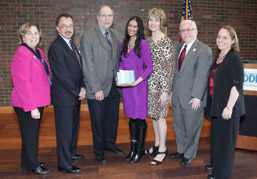 From left: College President Joann La Perla-Morales; Benjamin Marshall, scholar award winner; Ronald Goldfarb, special assistant to the president; Sabrina MisirHiralall, adjunct award winner; Barbara Bogner, teaching award winner; Mark McCormick, vice president for academic and student affairs; and Christine Harrington, chairperson of the selection committee.