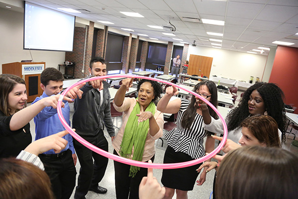 Who Knew Leadership Training Could be This Much Fun? About 40 students engaged in the first of a series of leadership workshops offered this spring in a collaborative effort by Student  Activities, Career Services, Democracy House and Admissions. First on the agenda were ice breakers.