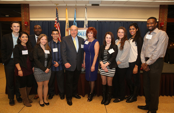 At the Scholarship Reception, from left: students Dillon Meicke, Elizabeth Trelles, Jean Germain, Kelly Walsh, Marc Martinez, Rotary representatives Joseph Juliano and Suzanne Meyer, students Merisa Carroll, Patricia Arpaugh, Veronica Martinez and Louis Pinchinat.