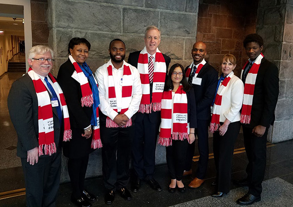 MCC students and staff represented the College at Student Lobby Day in Trenton in March. The program brought community college students from all over the state to talk with state legislators. “The students had an amazing experience and took advantage of the opportunity to not only talk about the importance of higher education and support for community colleges but also the opportunity to see the political process in action,” said Ode Hoppie, assistant director of Student Activities. From left, Mark McCormick, vice president for Academic and Student Affairs; Marla Brinson, dean of Student Affairs; Tony Graves, veteran student leader; Assemblyman John Wisniewski (D19), Komal Naqvi, PTK student leader; Mr. Hoppie; Charlotte Quigley, manager of Career Services; Birane I. Toure, PTK  student leader.